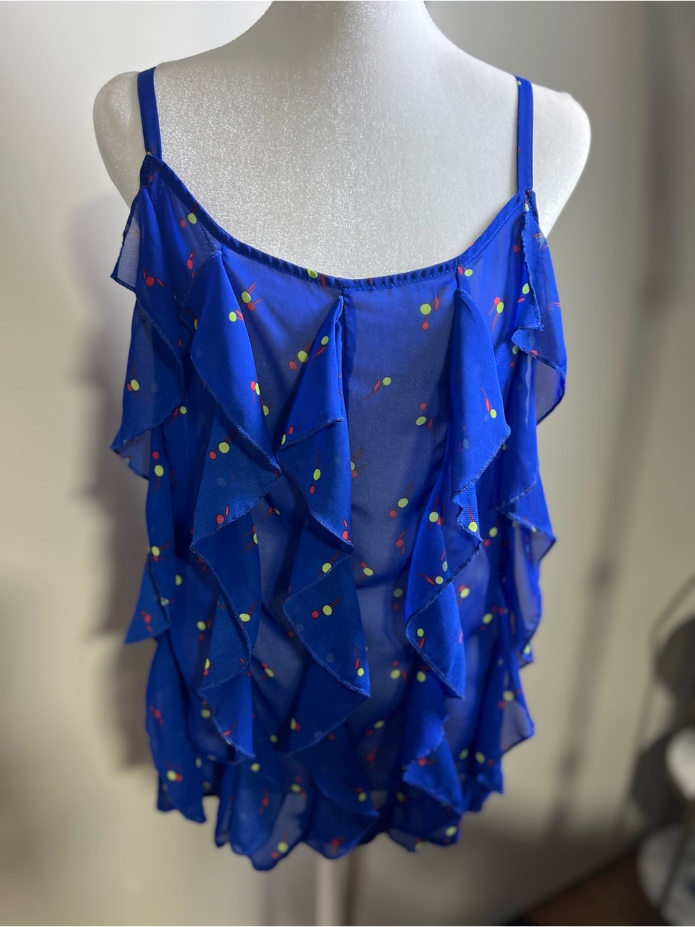 Xhilaration Royal Blue Ruffle Spaghetti Strap Cami with Multicolor Dot Print